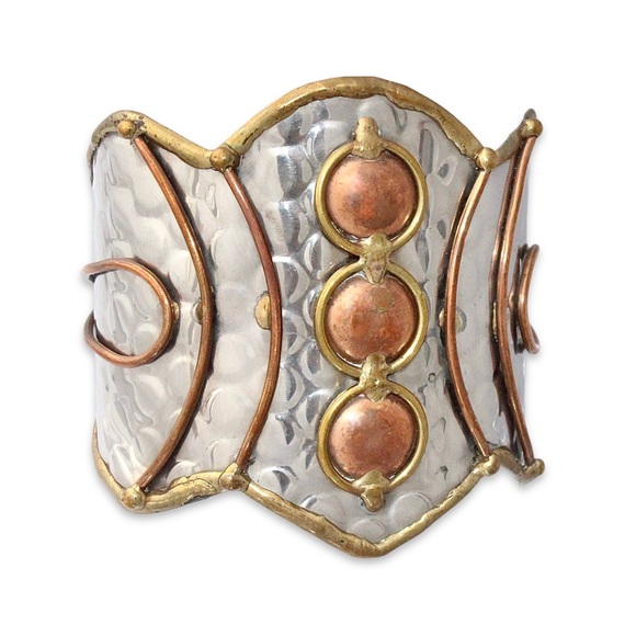 Brutalist Mixed Metal Cuff Bracelet Brass, Copper, Silver Tone Large Statement - Picture 1 of 4